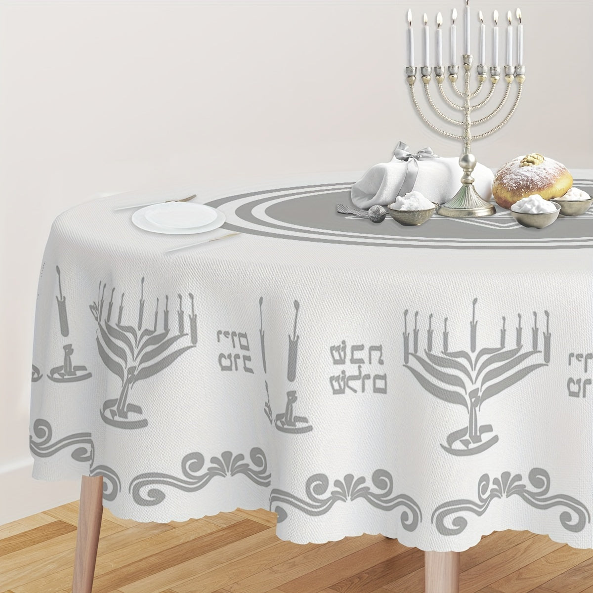 Silvery Hanukkah Tablecloth, Elegant White And Round Large Rectangle Size with Menorah Design for Passover, Shabbat Shalom And Jewish Festivals, Ideal for Indoor/ Outdoor Hanukkah Parties & Home Decorations