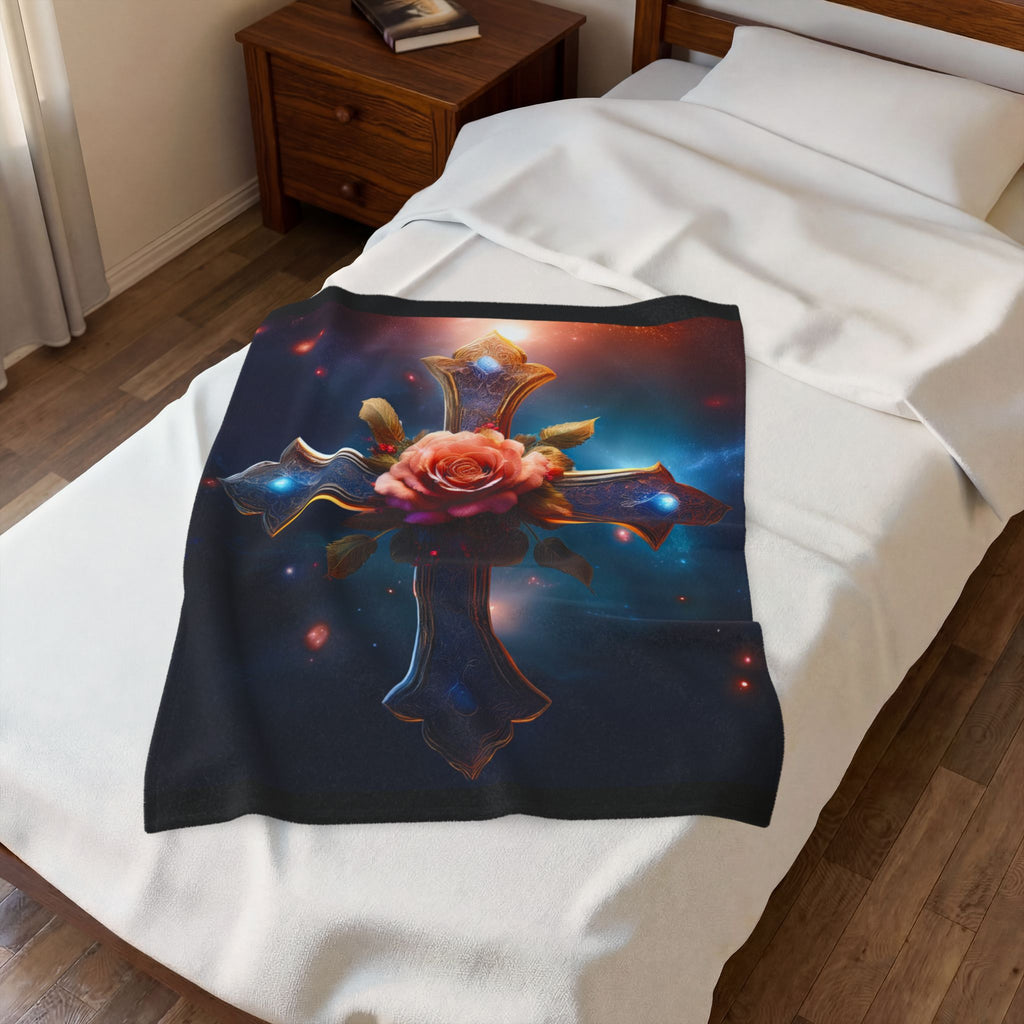 Mystic Rose and Cross Velveteen Plush Blanket
