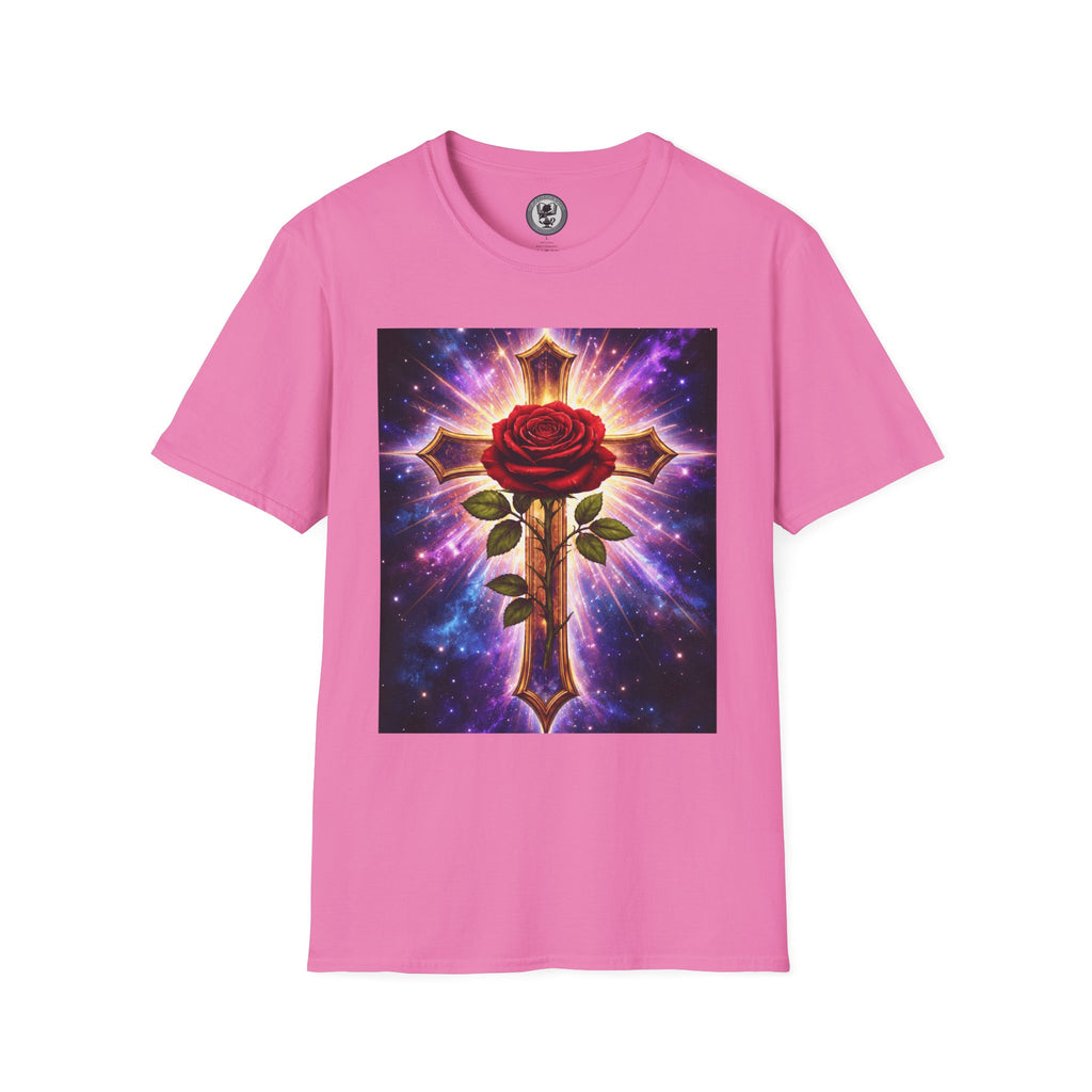 Cosmic Rose Cross T-Shirt — Rosicrucian Spiritual Floral Cross Graphic Tee