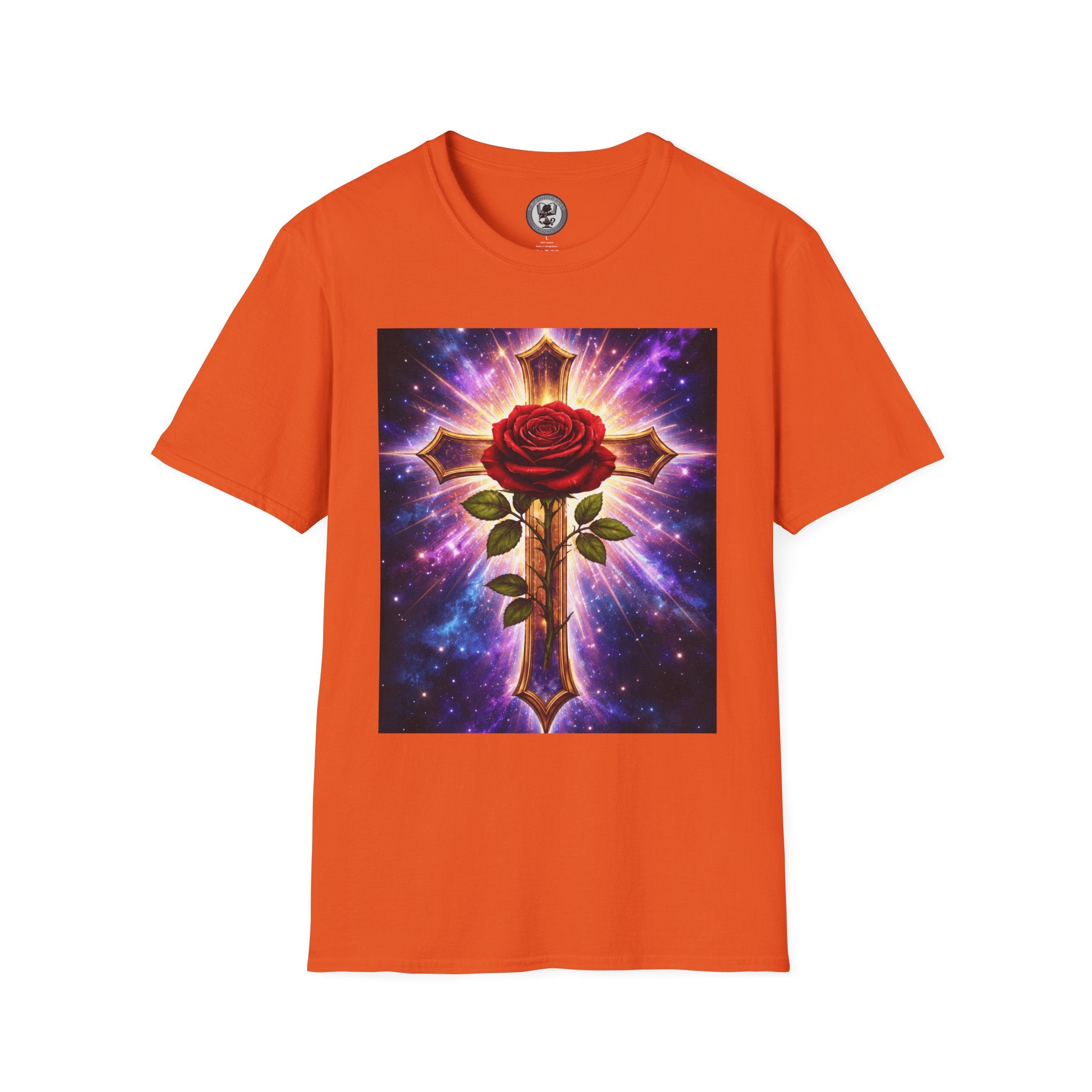 Cosmic Rose Cross T-Shirt — Rosicrucian Spiritual Floral Cross Graphic Tee