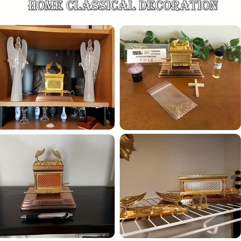 4-Piece Traditional Metal Ark of the Covenant Set - Home Decor Replicas, Jewish Religious Statues, Golden Jars, Aaron's Rod, Mana Pot, Rattan Staff - Suitable for Easter, Halloween, Hanukkah, Independence Day, Universal Holid