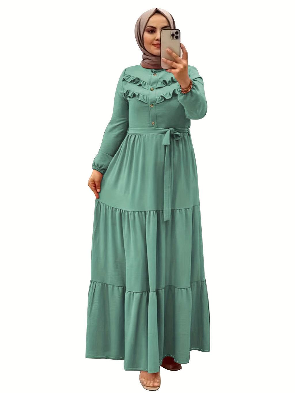 Elegant Light Green Maxi Dress for Muslim Women - Casual Solid Color with Ruffle Hem & Button Detail, Polyester Blend, Machine Washable - Hijab Not Included