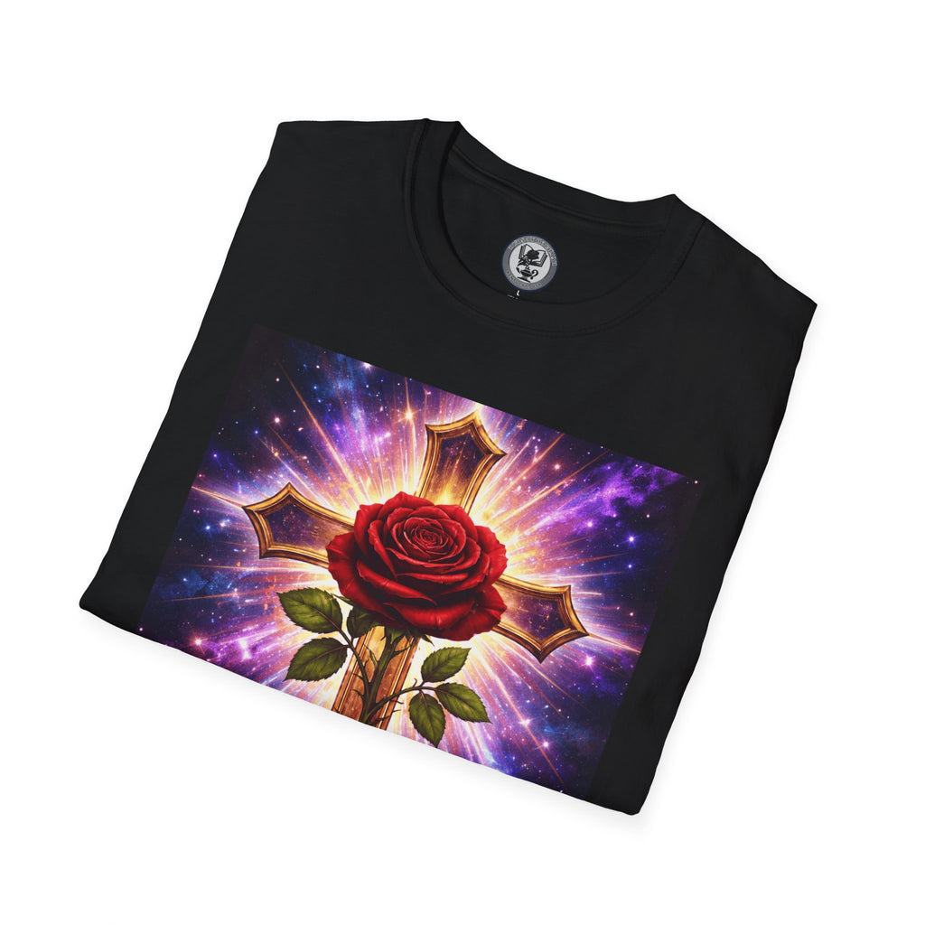 Cosmic Rose Cross T-Shirt — Rosicrucian Spiritual Floral Cross Graphic Tee