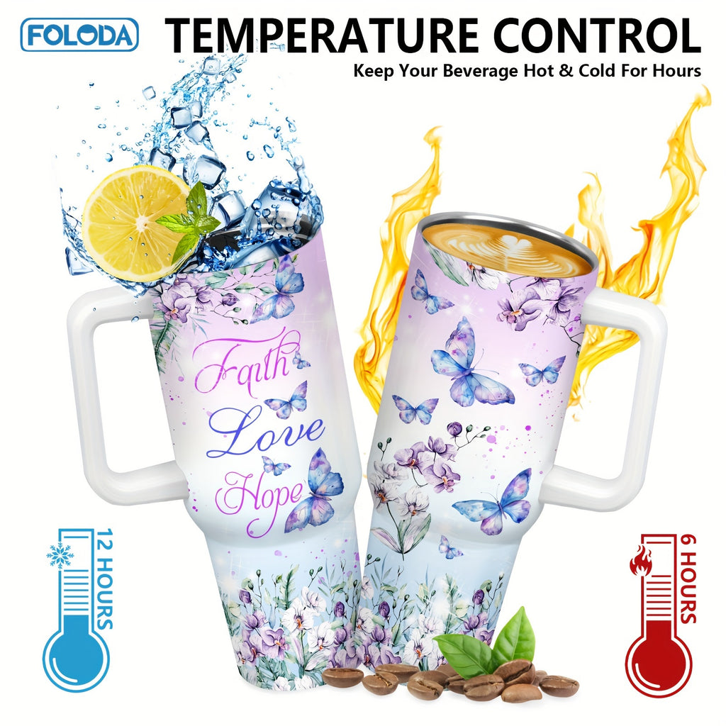Foloda Butterfly Christian Stainless Steel Insulated Travel Coffee Tumbler for Women - 40oz Oval Mug with Handle, Lid & Straw - Handwash Only, PVC Free - Perfect for Running & Outdoor Activities - Great Christmas, Valentine's