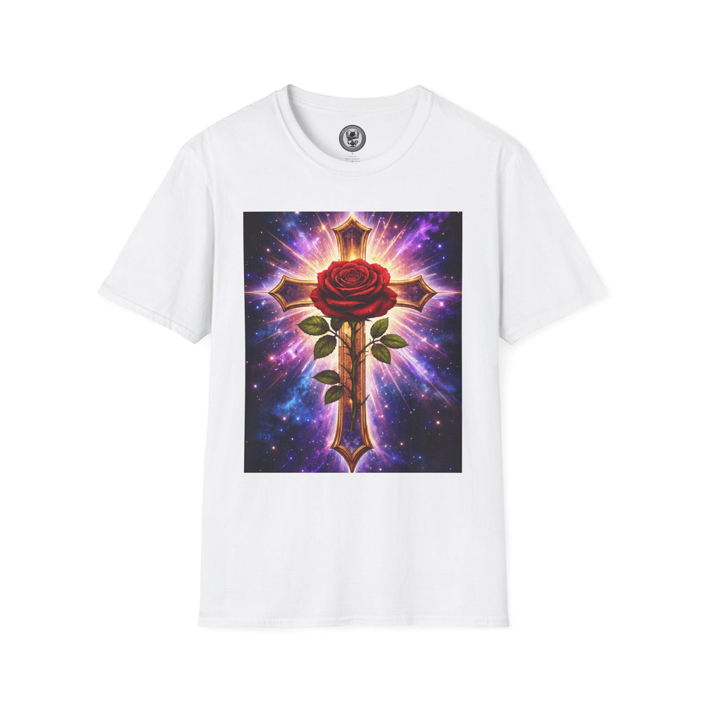 Cosmic Rose Cross T-Shirt — Rosicrucian Spiritual Floral Cross Graphic Tee