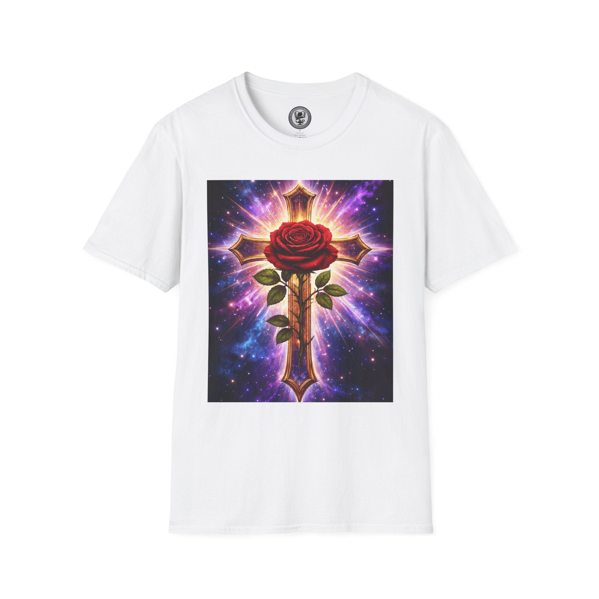 Cosmic Rose Cross T-Shirt — Rosicrucian Spiritual Floral Cross Graphic Tee