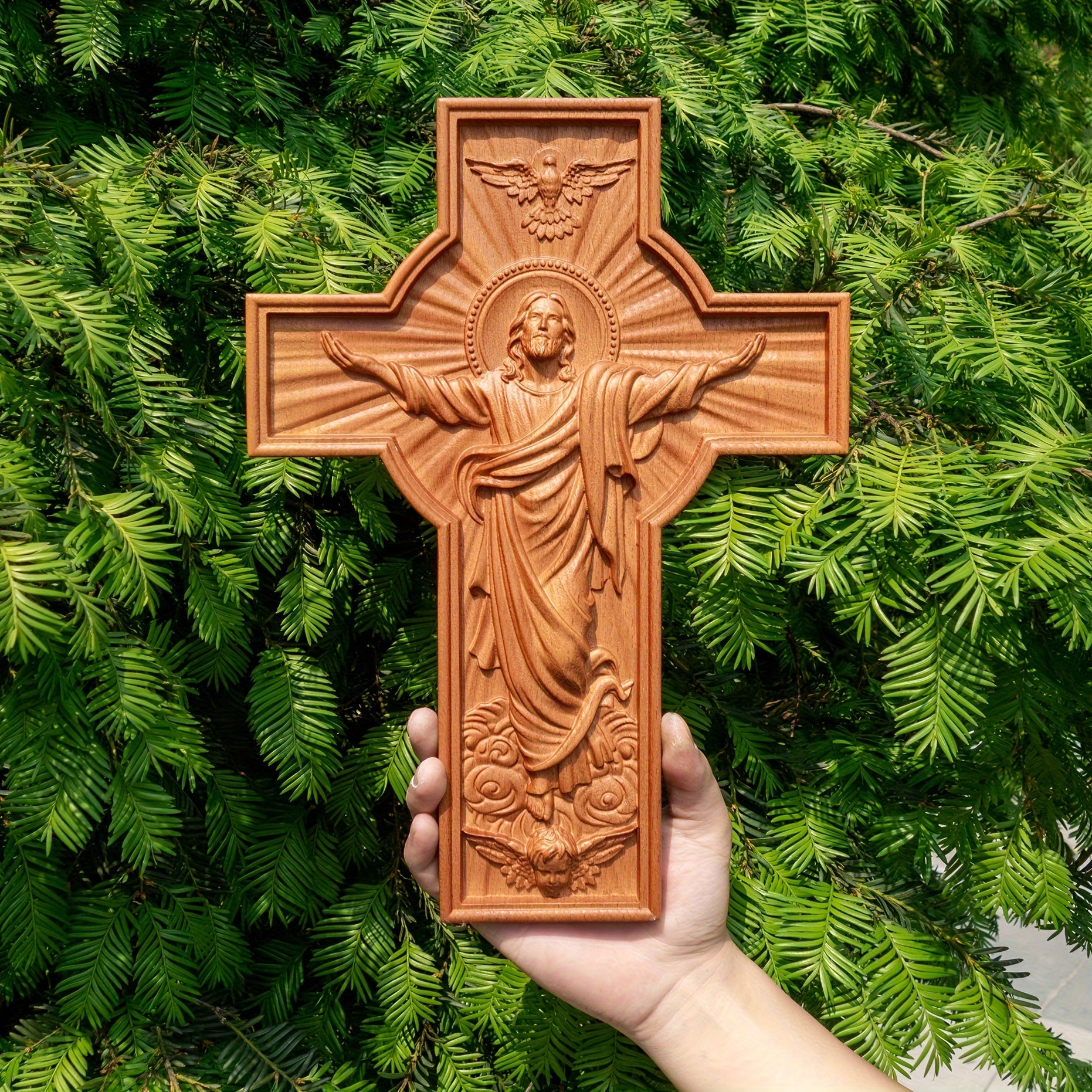 Hand-Carved Beechwood Easter Ascension Cross - Vintage Religious Home Decor, Intricate Christian Gift with Hanging Buckle, Perfect for Indoor Table Display & Unique Holiday Gift Options