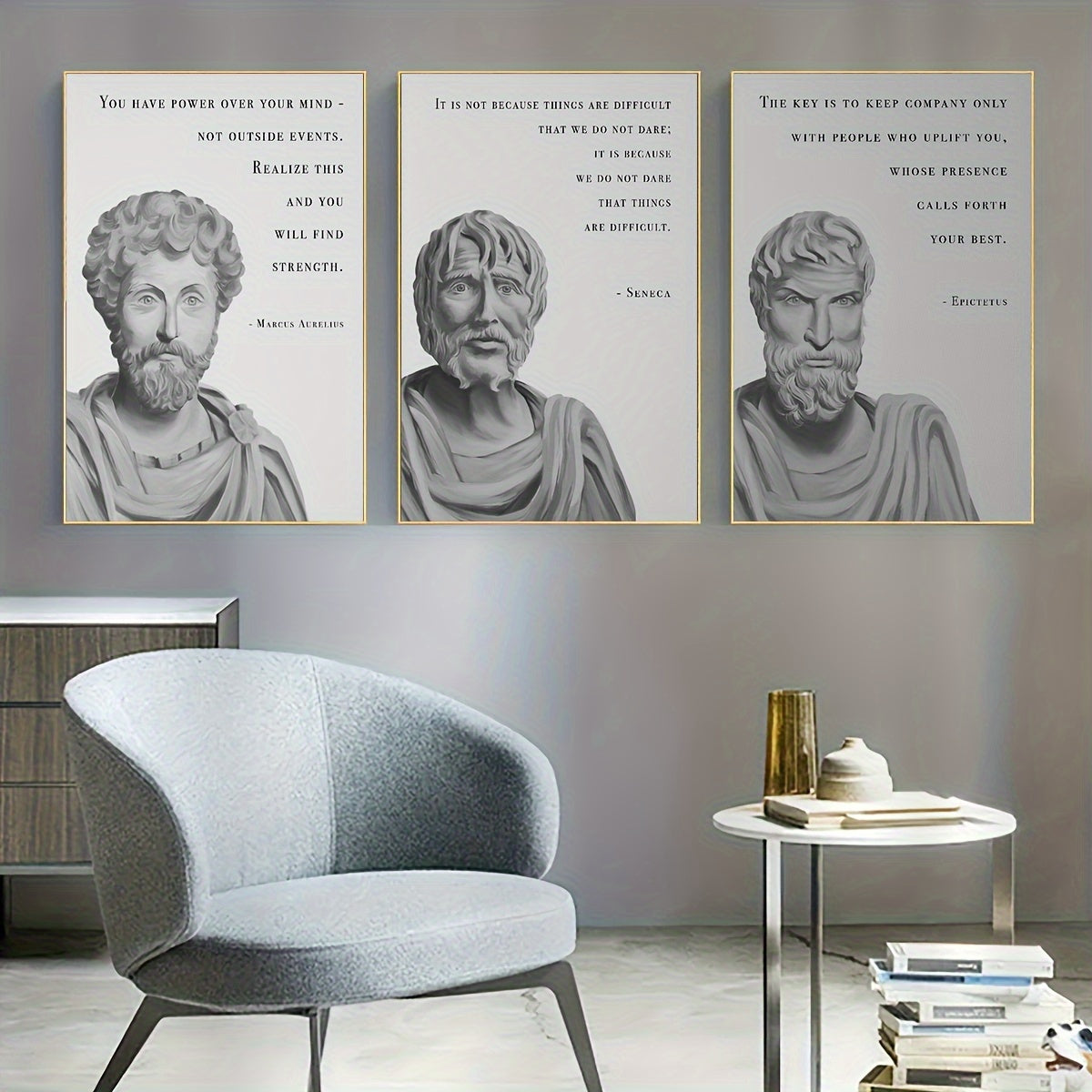 Stoic Philosophy Quotes Canvas Wall Art - 3 Piece Inspirational Seneca, Marcus Aurelius, Epictetus Poster Set - Frameless Portrait Canvas Prints for Living Room and Bedroom Decor - Indoor Portrait Orientation, 15.7x23.6 inche