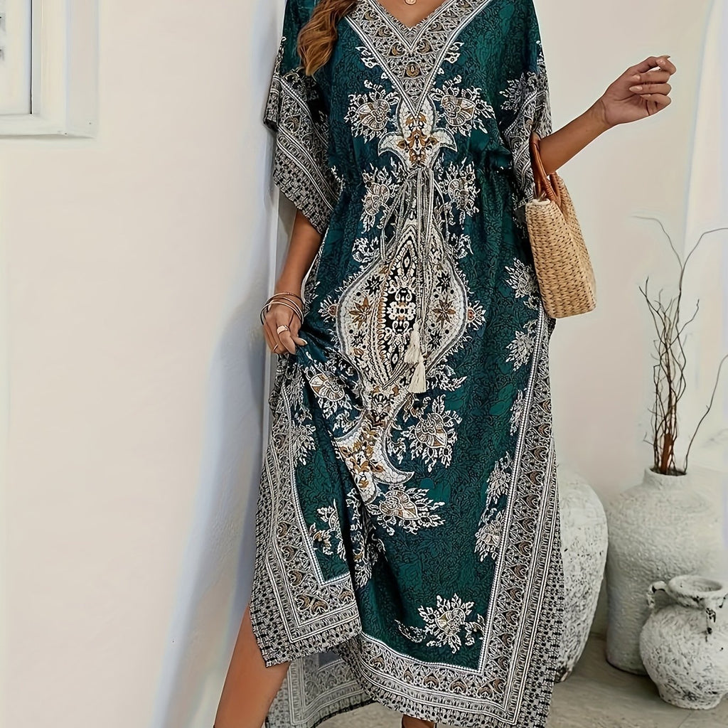 Women's Middle Eastern Muslim Abaya, Loose V-Neck Beach Bohemian Party Dress