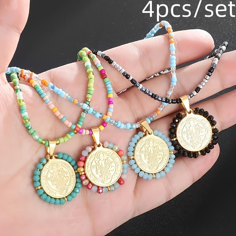 4pcs/set Christian Saint Benedict Pendant Women Girls Boho Style Beaded Rainbow Bead Necklace Saint St. Benedict Cross Amulet Jewelry