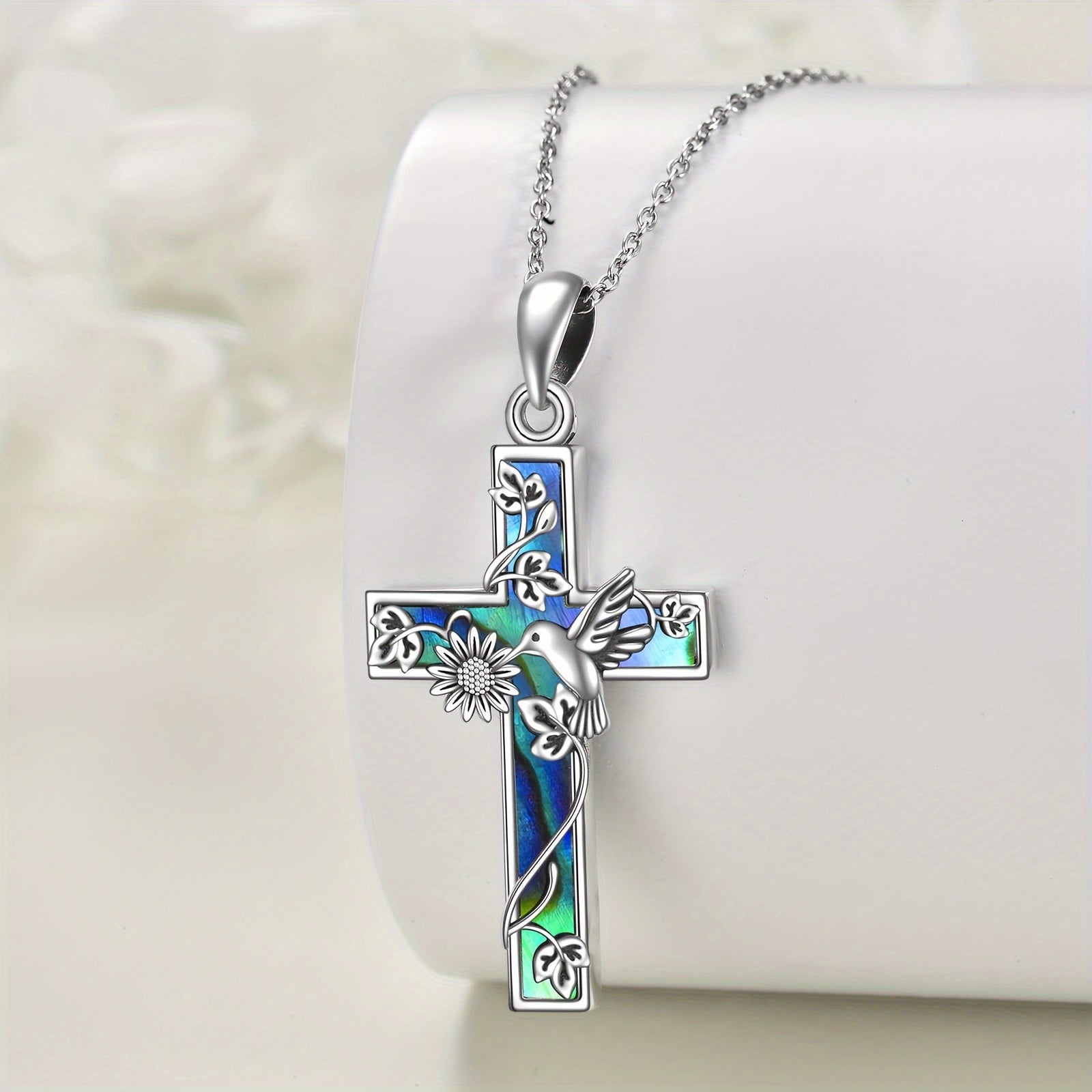 YFN Sunflower Cross Necklace Sterling Silver Hummingbird Cross Pendant Abalone Shell Jewelry Religious Christian Baptism Gifts for Her Women