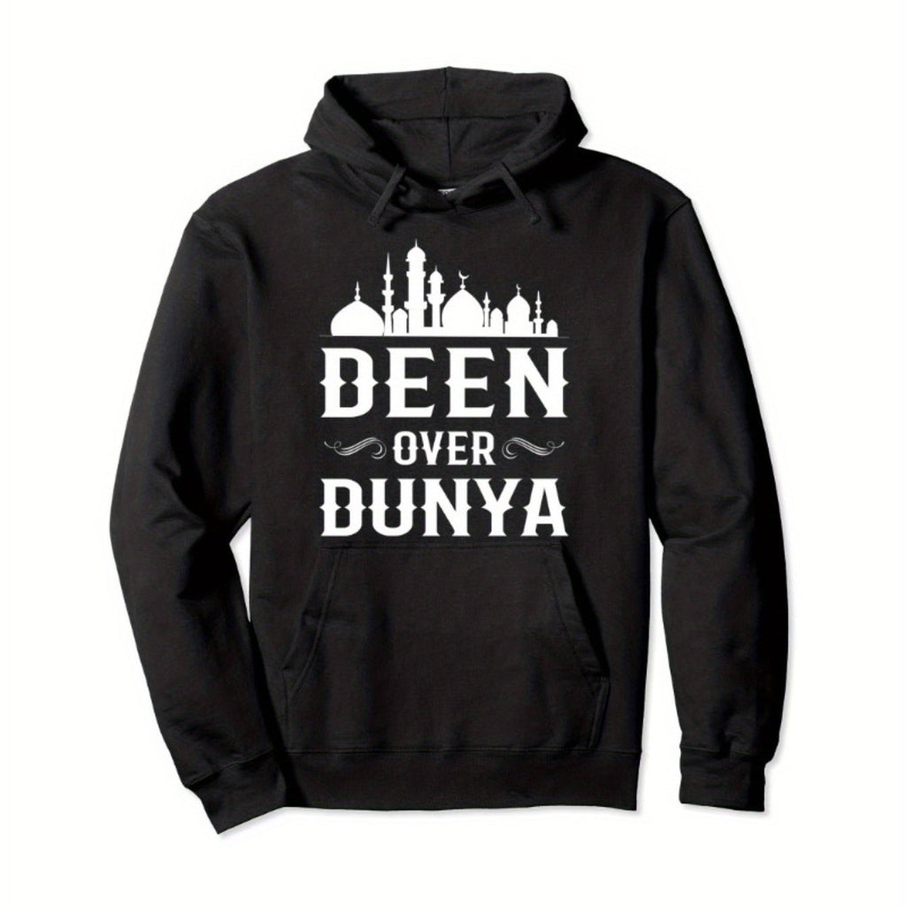 [Islamic Mosque Print Hoodie] 1pc Islamic Mosque Print Hoodie - Cotton Blend, Long Sleeve, Hooded Casual Pullover - Micro-Elastic Knitted Fabric, Digital Heat Transfer Printing, All Seasons Universal, Regular Length-Muslim Da