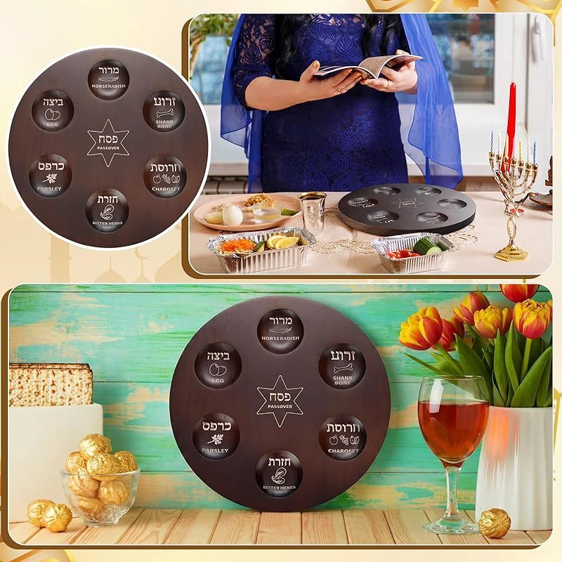 12 Inch Wooden Passover Seder Plate with Hebrew פסח and English Etched Design with Sections for Seder Ceremonial Foods Passover Jewish Party Pesach Table Traditional Judaism Decoration
