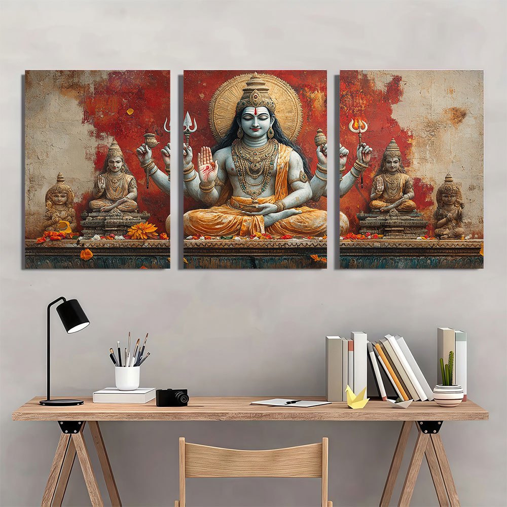 [2D Flat] A Set of Three Decorative Paintings Featuring Hindu Deities, Framed in Wood, with a Vibrant Red Backdrop Showcasing, Vishnu, And Brahma. This Modern Aesthetic Artwork Measures 15.7X23.6 inch And Is Perfect for Enhan