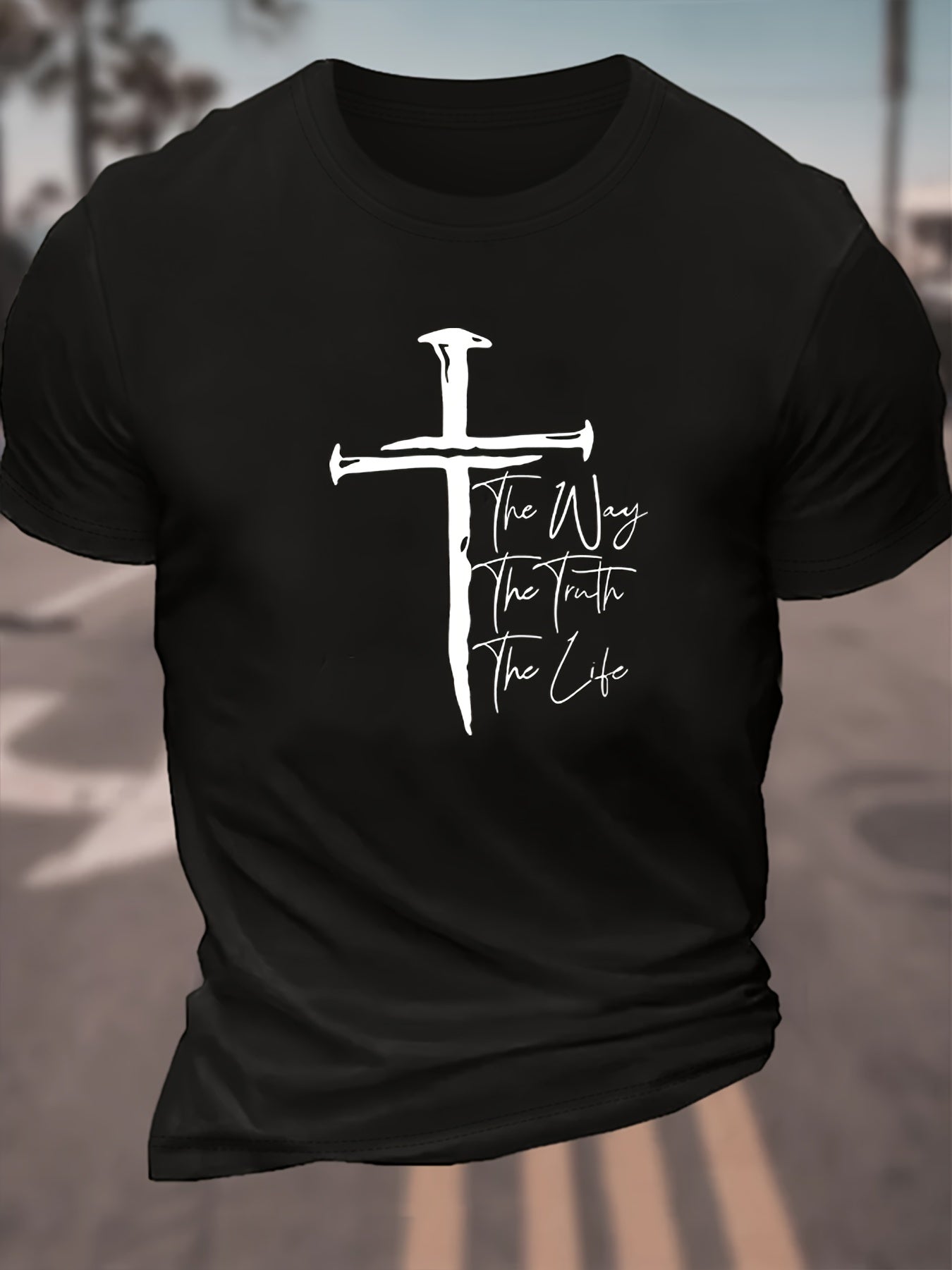 Creative Christian Cross Graphic Print Casual Crew Neck Short Sleeve T-shirt For Men, Comfy Casual Summer T-Shirt For Daily Wear Work Out And Vacation Resorts