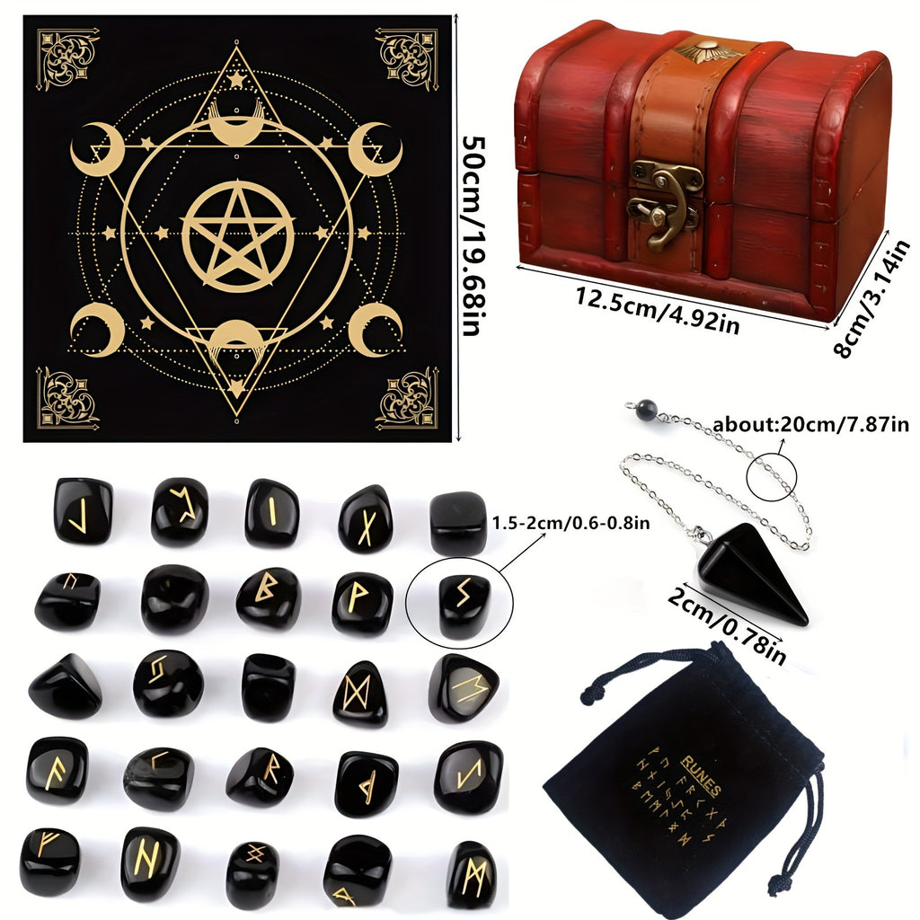 A Set of Crystal Agate Runes Featuring Viking Designs, with Intricately Carved Letters. This Collection Includes 25pcs of Futhark Rune Stones Made from Polished Gems