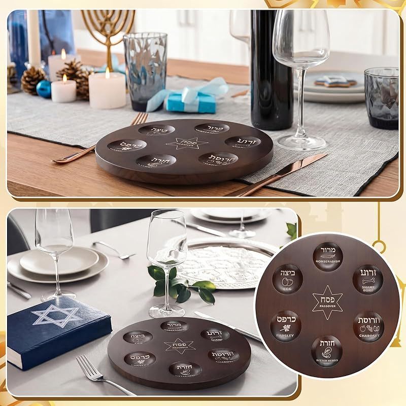 12 Inch Wooden Passover Seder Plate with Hebrew פסח and English Etched Design with Sections for Seder Ceremonial Foods Passover Jewish Party Pesach Table Traditional Judaism Decoration