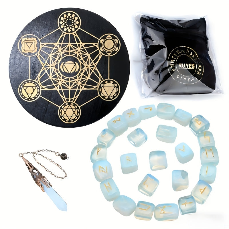 A Nordic Rune Set Featuring Crystal Rune Stones, Including 25 Rune Stones, a Pendant, And a Carved Wooden Board. Elegant And Exquisite