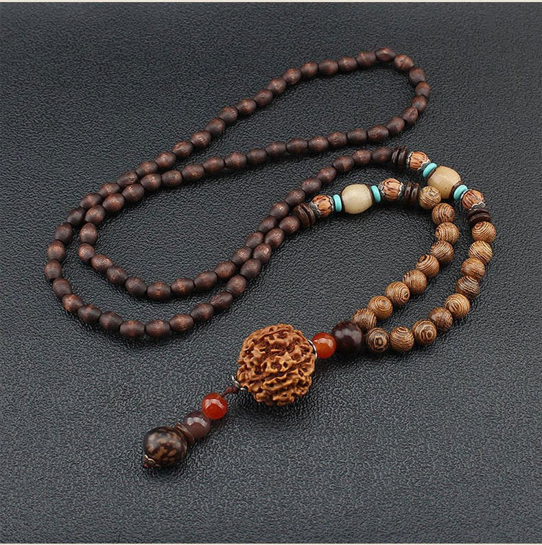 Bohemian Ethnic Wooden Buddha Bead Necklace for Men & Women - Natural Wood & Water Buffalo Turquoise Beads, Handcrafted Retro Unisex Jewelry for Daily Wear, Vacations, Unique Gift Idea