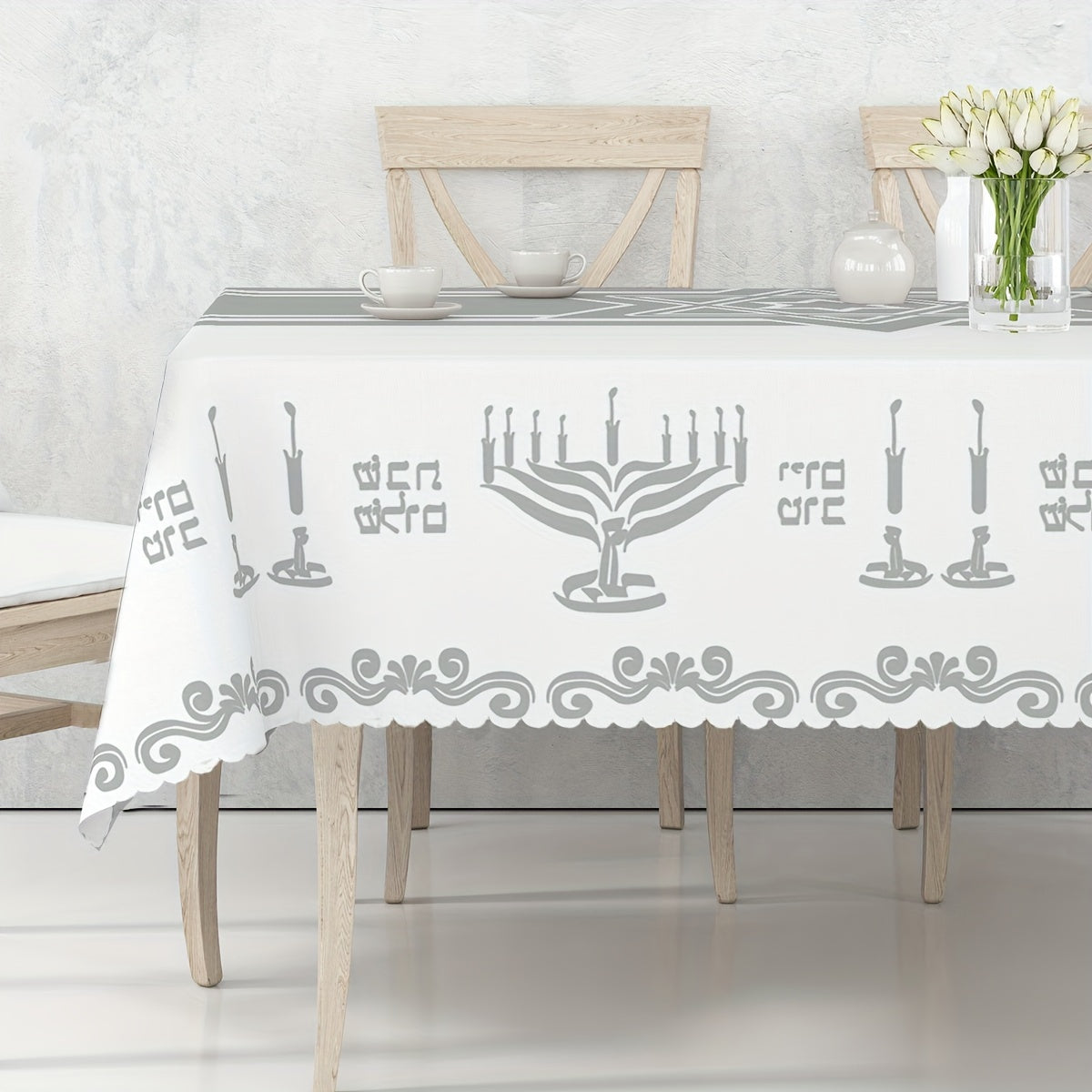 Silvery Hanukkah Tablecloth, Elegant White And Round Large Rectangle Size with Menorah Design for Passover, Shabbat Shalom And Jewish Festivals, Ideal for Indoor/ Outdoor Hanukkah Parties & Home Decorations