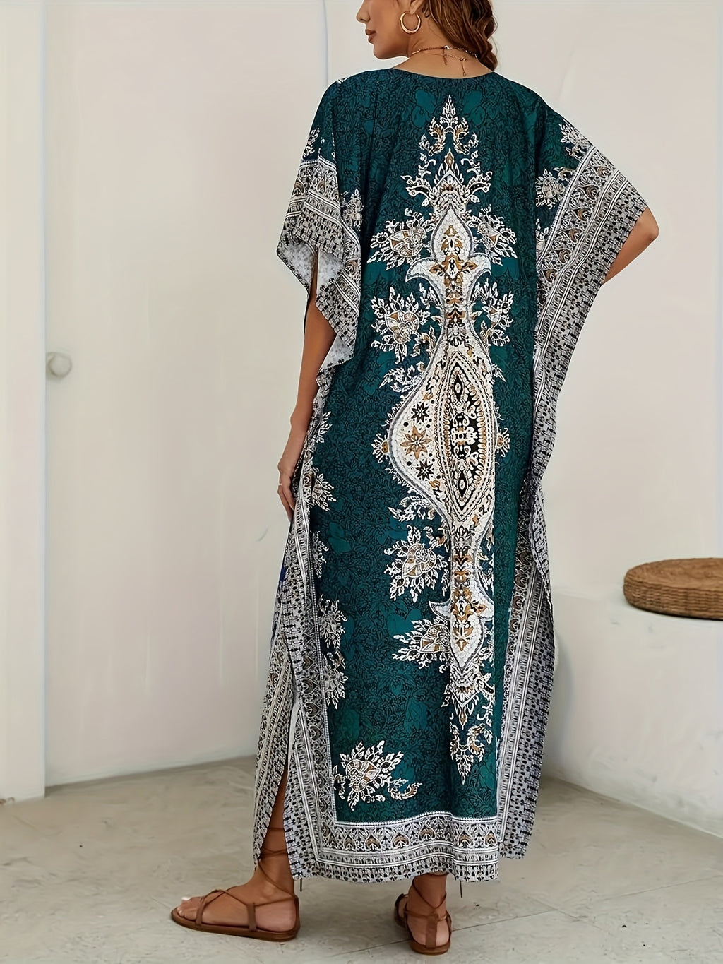 Women's Middle Eastern Muslim Abaya, Loose V-Neck Beach Bohemian Party Dress