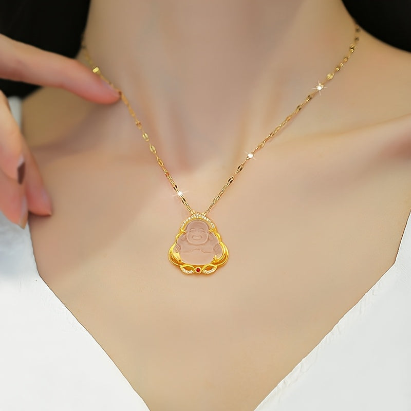 1pc Vintage Chinese Style Titanium Steel Buddha Pendant Necklace with Synthetic Imitation Jade, Lucky Charm Jewelry for Daily Wear & Gift-Giving, Valentine's Day Suitable, Buddha Necklaces