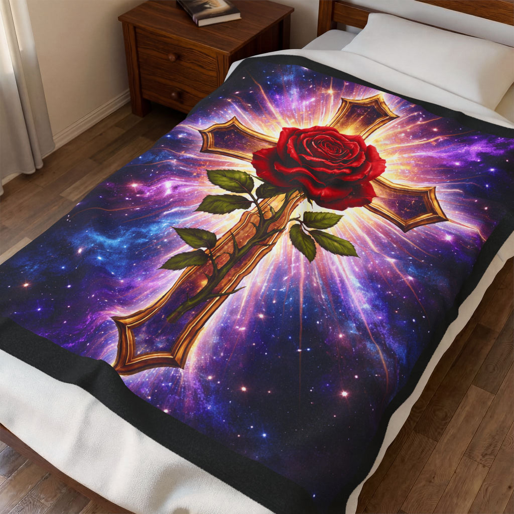 Velveteen Plush Blanket — Cosmic Rose & Cross Rosicrucian Spiritual Throw (Sacred Christian Decor)