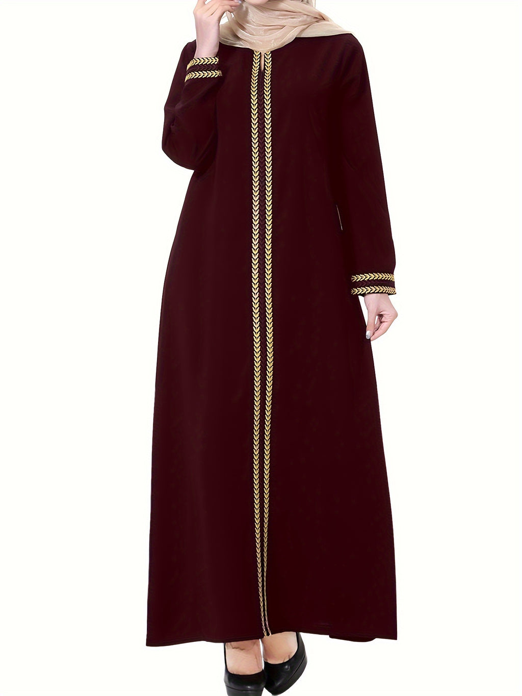 [Navy Blue Kaftan] Navy Blue Muslim Kaftan Dress | Elegant, Golden Embroidery, Sleeve, Loose Fit, Maxi Length, Hijab-Friendly Design, All-Season Wear