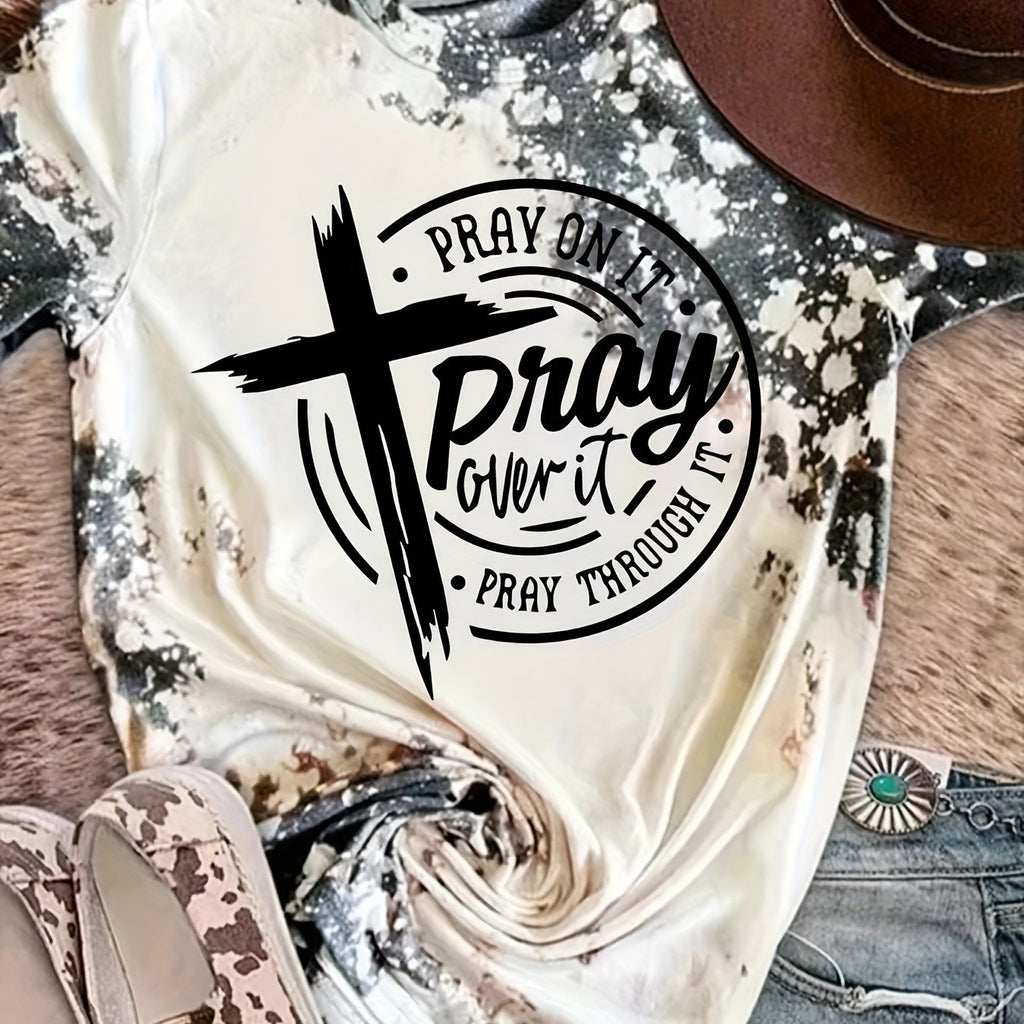 [Women's Spiritual Tee] Marbled Paint Splatter Women's Casual Short Sleeve T-Shirt | "Pray On It Pray Over It Pray Through It" & Cross Print, Round Neck, Machine Washable, All-Season Comfort, Spiritual Apparel, Trendy Graphic