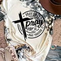 [Women's Spiritual Tee] Marbled Paint Splatter Women's Casual Short Sleeve T-Shirt | "Pray On It Pray Over It Pray Through It" & Cross Print, Round Neck, Machine Washable, All-Season Comfort, Spiritual Apparel, Trendy Graphic