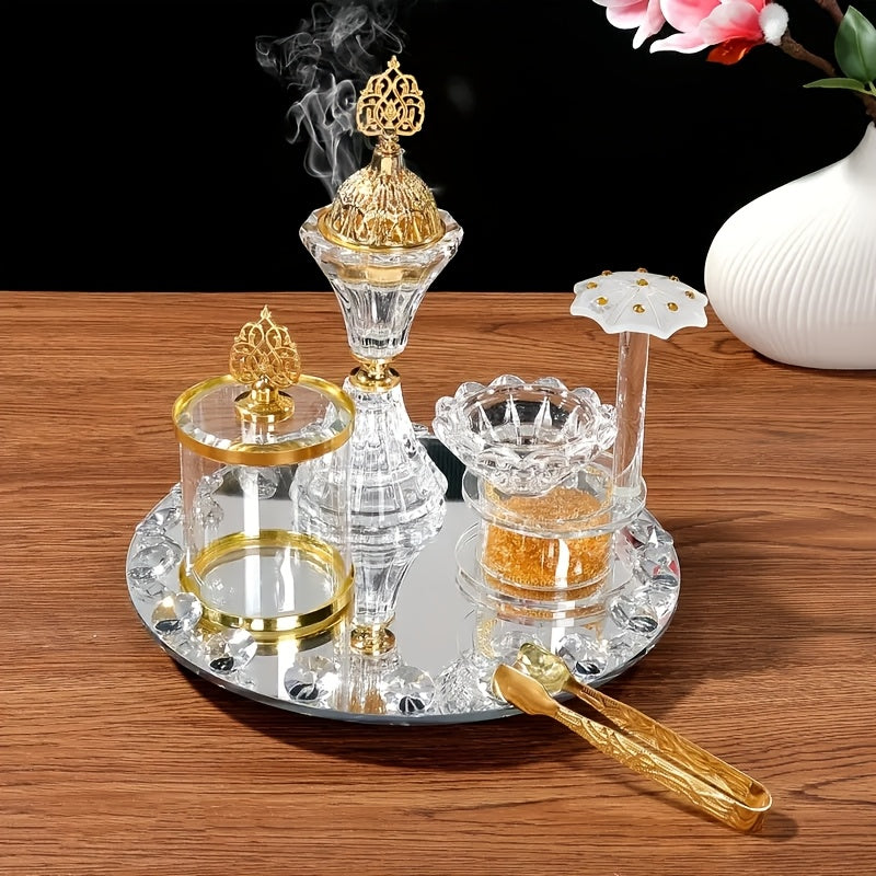 [Home Wedding Ramadan] 4pcs Crystal for Lotus Glass Incense Holder Set, Luxury Diamond Muslim Censers Sticks Hold for Home Wedding Ramadan Decoration, 2024