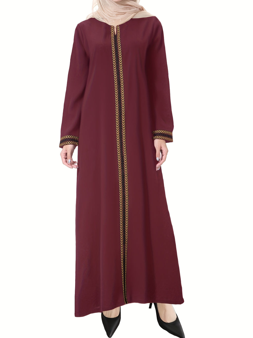 [Navy Blue Kaftan] Navy Blue Muslim Kaftan Dress | Elegant, Golden Embroidery, Sleeve, Loose Fit, Maxi Length, Hijab-Friendly Design, All-Season Wear