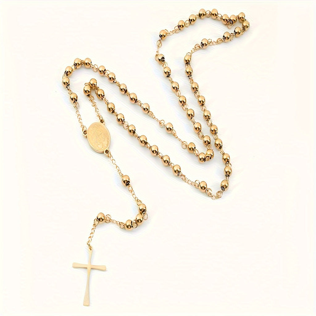 Stainless Steel Virgin Mary Pendant Necklace for Women, Rosary Prayer Beads Chains Jewelry, Catholic Christian Religion