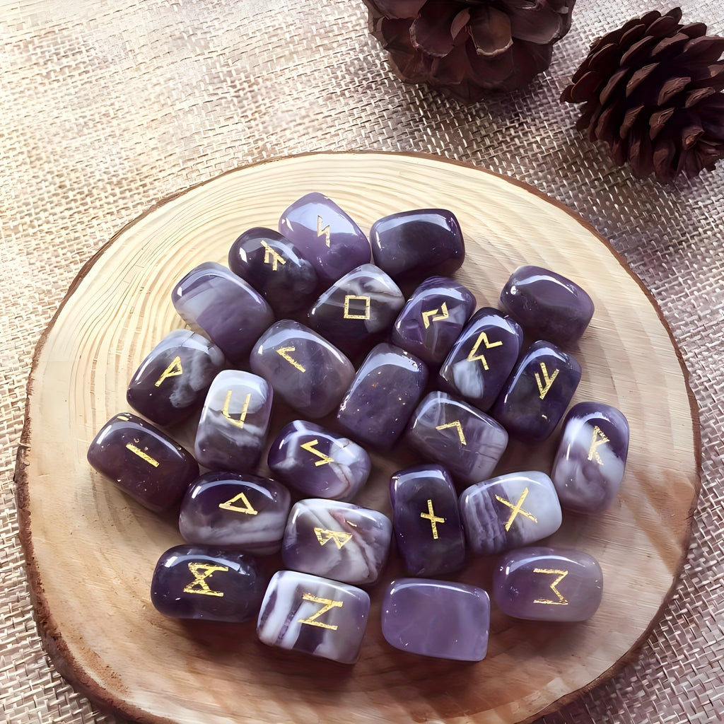 A Nordic Rune Set Featuring Crystal Rune Stones, Including 25 Rune Stones, a Pendant, And a Carved Wooden Board. Elegant And Exquisite