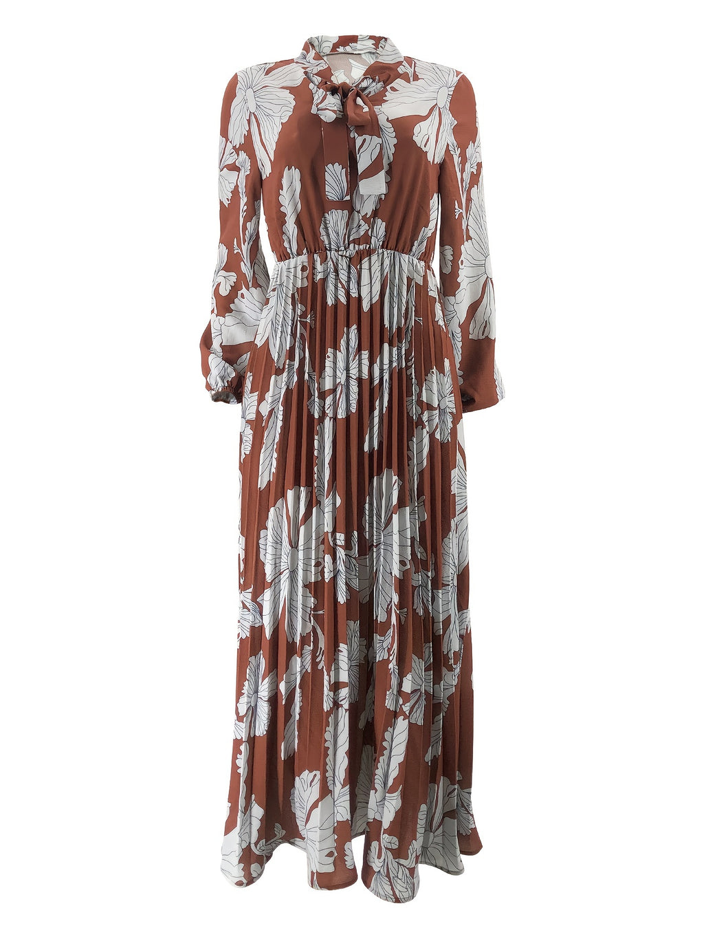 [Popular Choice] Elegant Pleated Maxi Dress with Floral Print - Casual Long Sleeve, Crew Neck, Machine Washable - Polyester & Spandex Blend, Middle Eastern Muslim Print