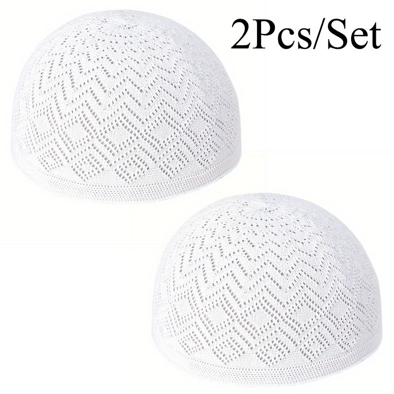 2pcs/Set Men'S Muslim Kufi Cap, Breathable Knitted Polyester Prayer Hat, Lightweight Middle Eastern Arab Traditional Headwear, Adjustable Toggle Closure, Machine Washable, Ramadan Celebration