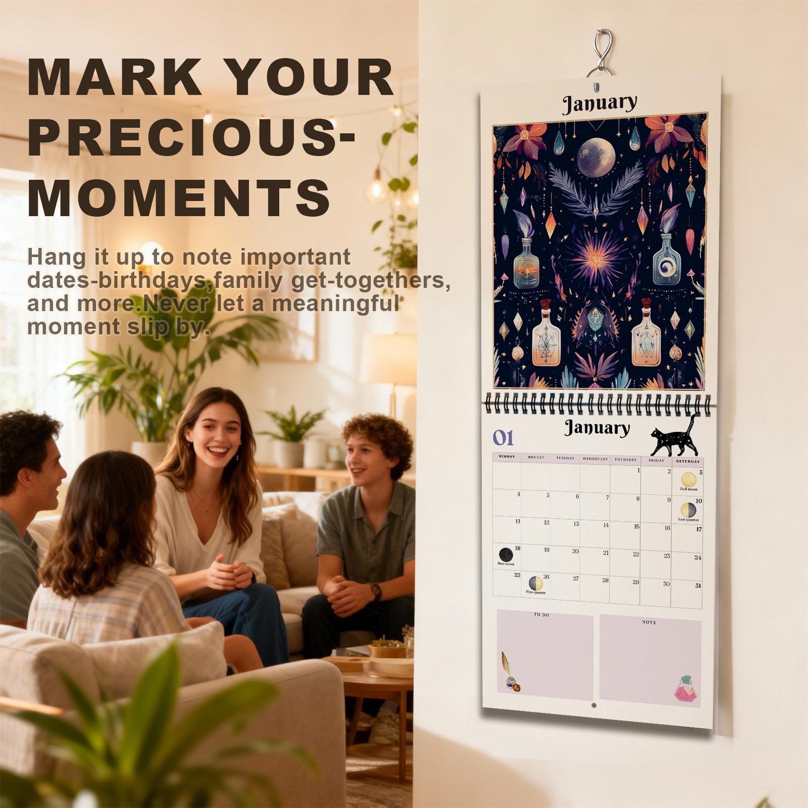 2026 Witch Calendar Spiral Wall Planner with Spell Symbols & Full Moon Calendar - Writable Monthly Layouts, Mystical Journal & Planner for Wiccan Women, Spiritual Gift