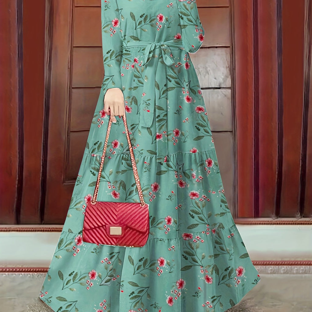 2023 New Women's Elegant Middle Eastern Abaya - Black Floral Print with Red Flowers, Long Sleeve Lace-Up Modest Dress, Machine Washable for Spring Summer Fall, Abaya Dress Fancy, Comfortable Modestwear, No Stretch Fabric, Mus