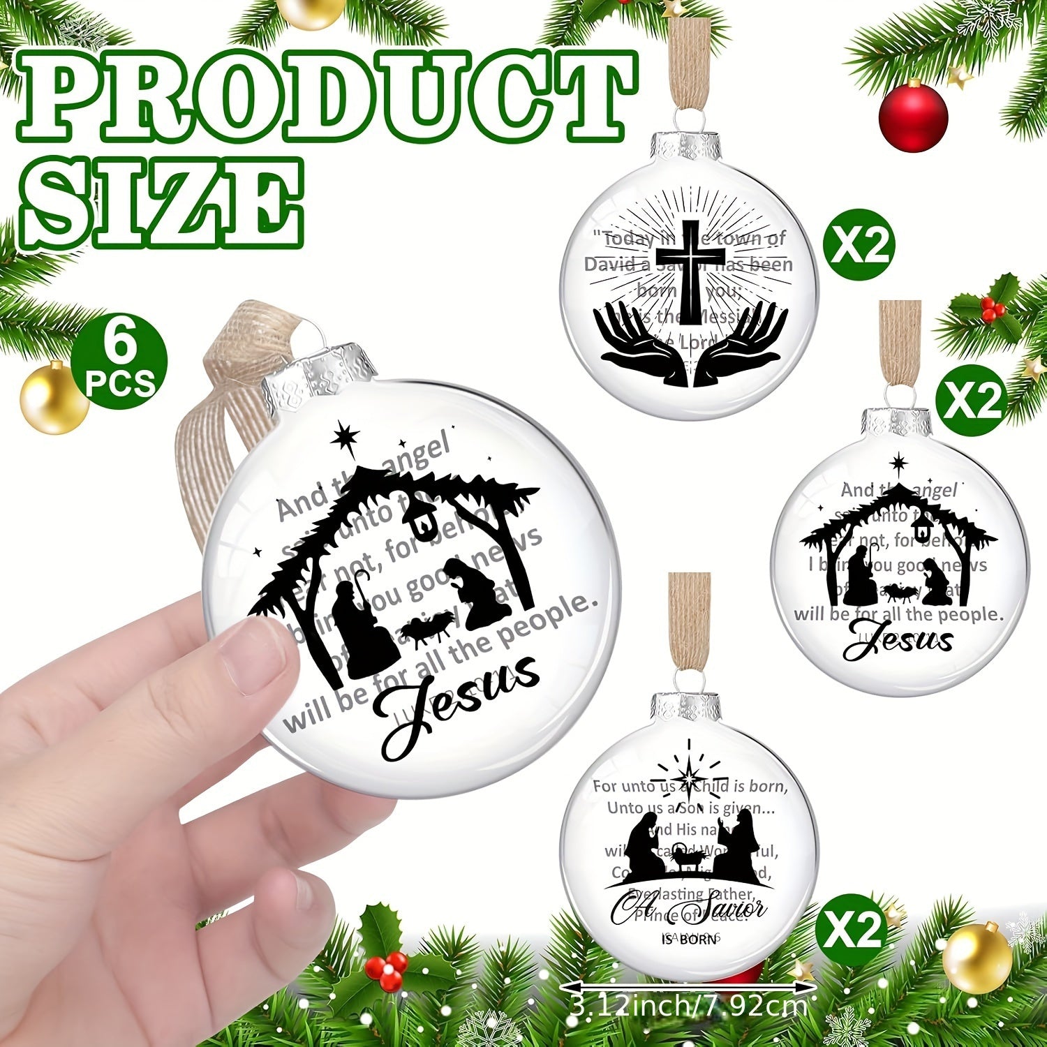6-piece Scene Hanging Ornament Jesus Silhouette Glass Ornament Savior's Birth Religion Christmas Tree Christian Ornament Family Office Holiday Church Gift Decoration