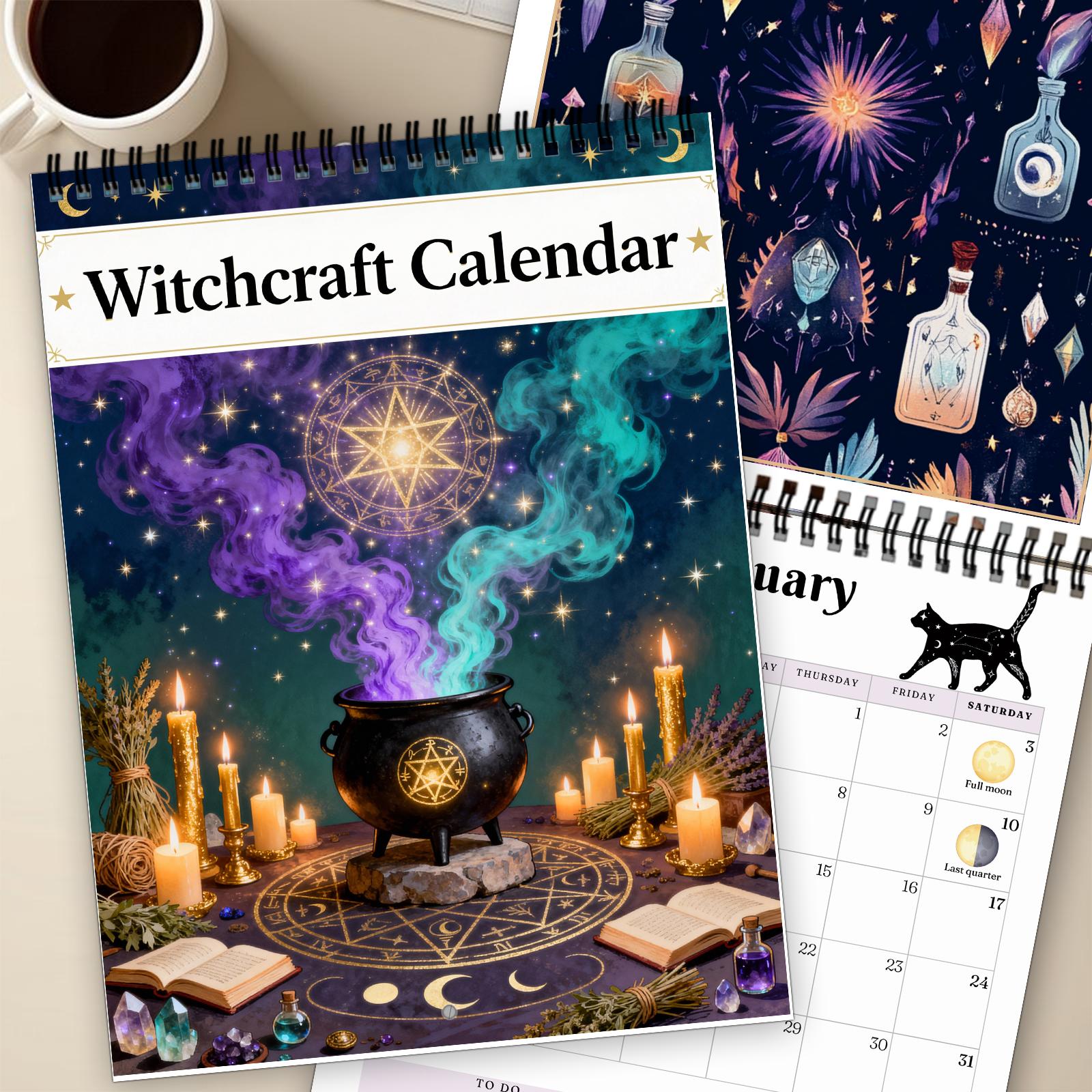 2026 Witch Calendar Spiral Wall Planner with Spell Symbols & Full Moon Calendar - Writable Monthly Layouts, Mystical Journal & Planner for Wiccan Women, Spiritual Gift