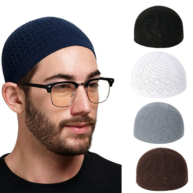 2pcs/Set Men'S Muslim Kufi Cap, Breathable Knitted Polyester Prayer Hat, Lightweight Middle Eastern Arab Traditional Headwear, Adjustable Toggle Closure, Machine Washable, Ramadan Celebration