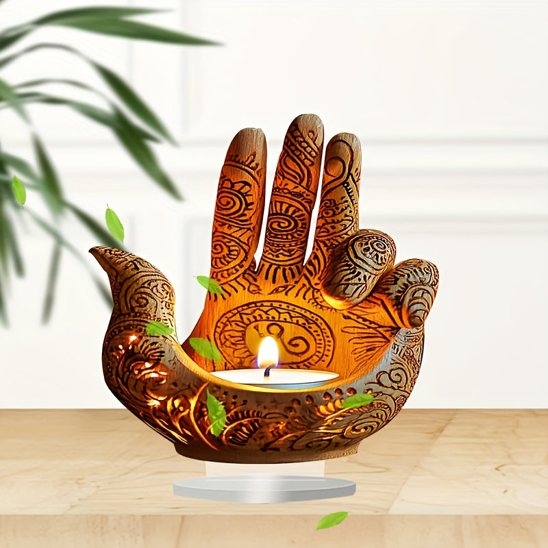 2D Flat A 2D Acrylic Ornament Featuring a Bohemian Style Acrylic Buddha Hand Candle, Measuring 9 Inches by 9 Inches. This Religious-Themed Tabletop Decoration Is Perfect for Home, Office, Or Café Decor, Making It a Wonderful