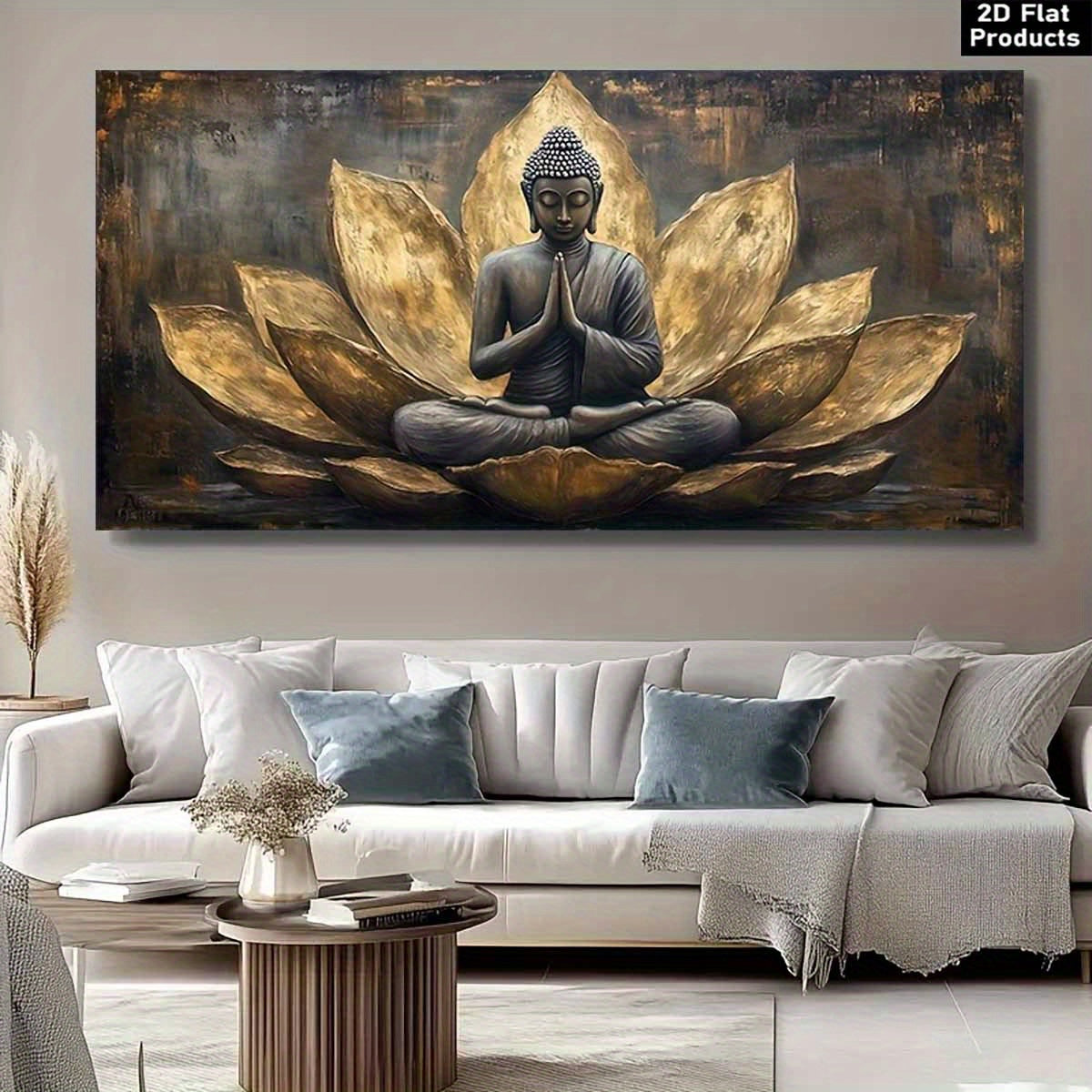 [2D Flat]A Thick Wooden Framed Canvas Artwork, Buddha Meditation for Lotus High Quality Wall Art Printed Poster Can Be Hung Directly, Pine Frame, Suitable for Living Room Decor or Yoga Room Decoration.Bedroom Art, 2D Flat