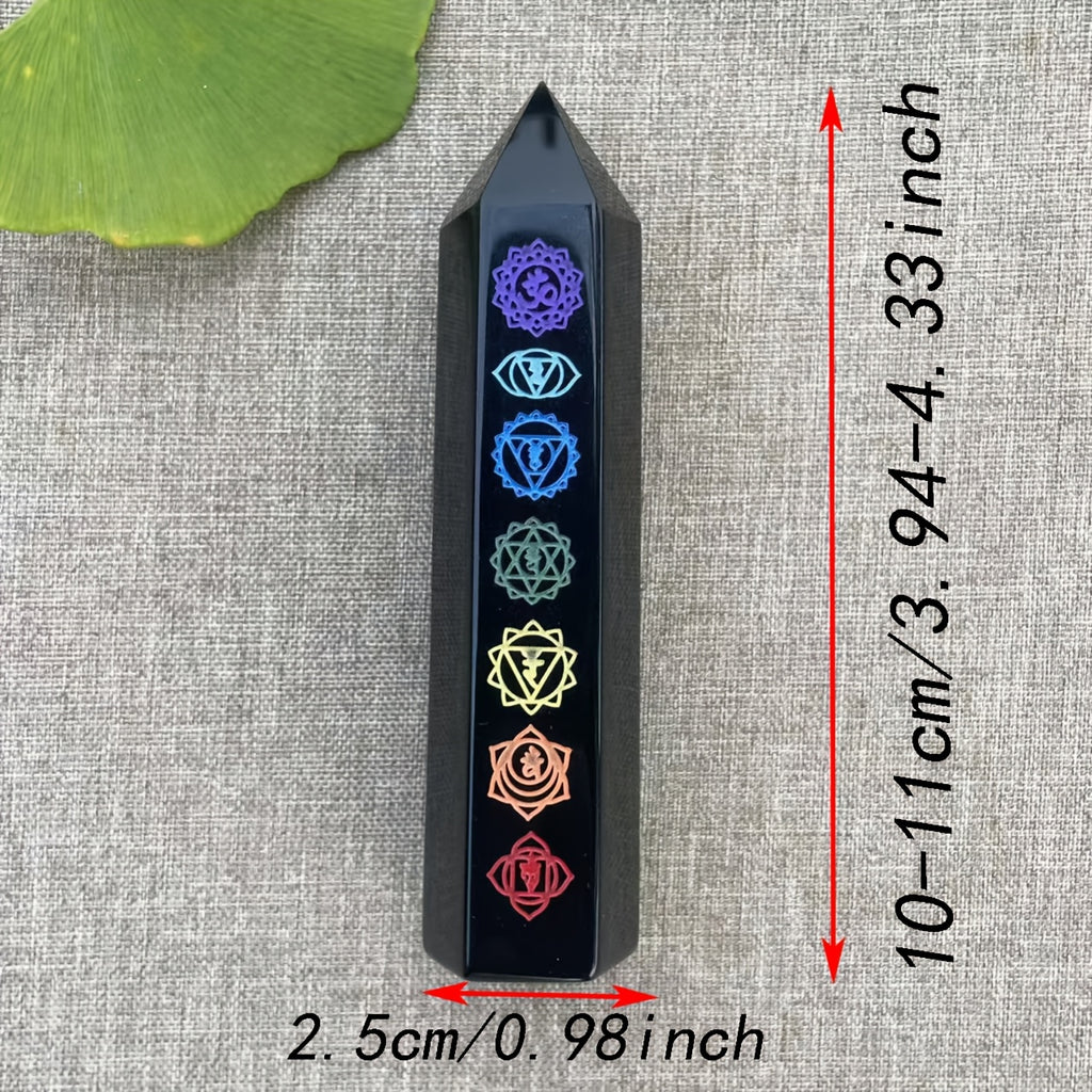 Seven Chakra Obsidian Rune Pillar - Hexagonal Crystal Tower, Gemstone for Home And Office Decoration