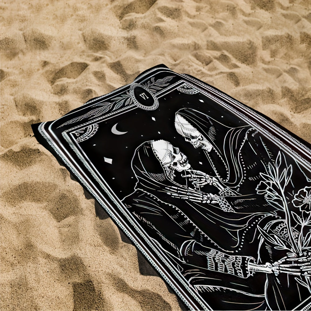 Vibrant Bohemian Skull Tarot Beach Towel - Soft, Quick-Dry, Super Absorbent, 100% Polyester Knit Fabric, High Color Fastness, Oblong Shape, Cartoon Theme, 240gsm, Ideal for Swimming, Bath, Camping, Unisex
