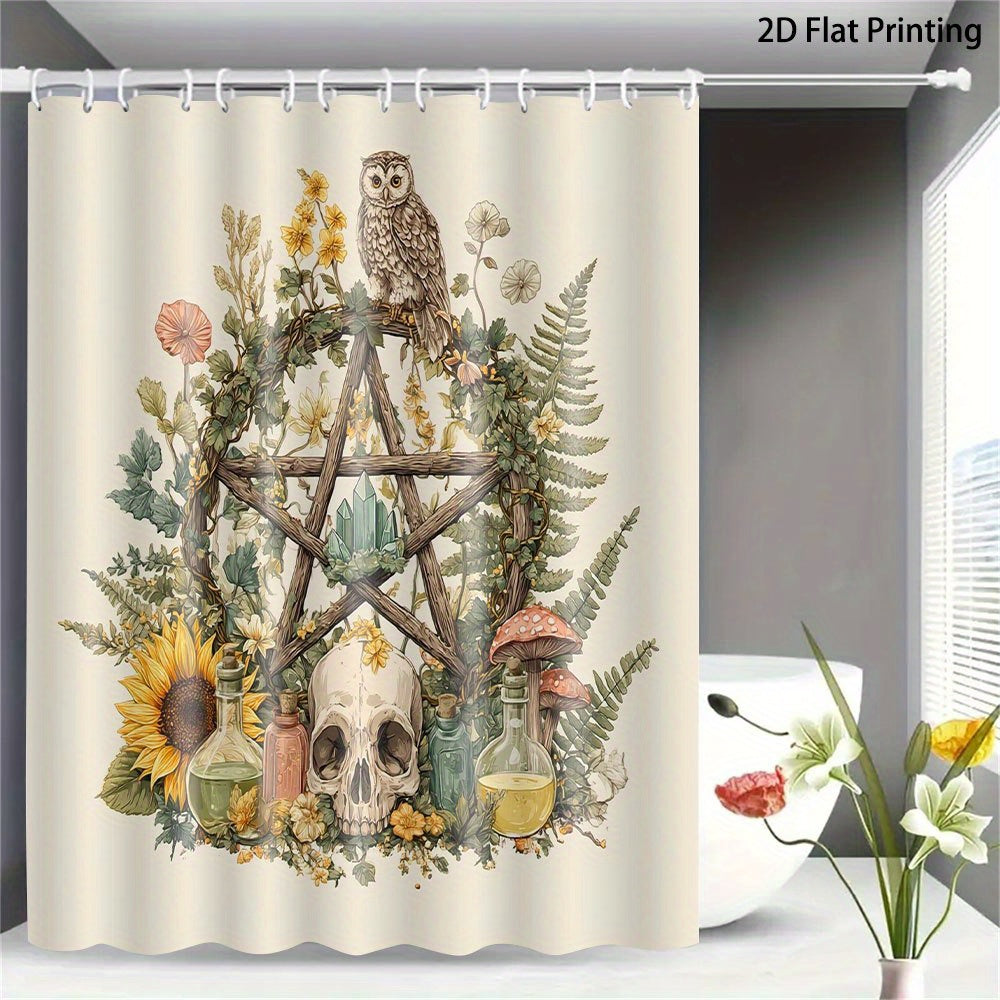 1pc Wiccan Shower Curtain - Occult Botanical Bathroom Decor with Pentagram, Mystical Floral Design in Beige/Brown/, Durable Polyester Fabric & 12 Hooks for Witchy Bathroom Aesthetic - Gothic Witchcraft Decoration, Bathroom De