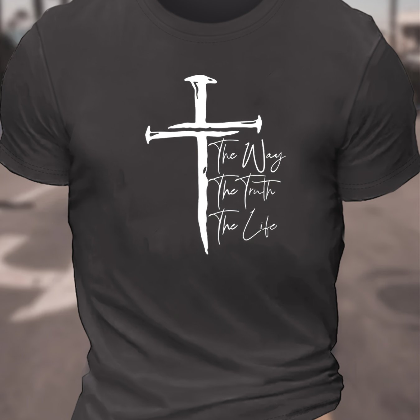 Creative Christian Cross Graphic Print Casual Crew Neck Short Sleeve T-shirt For Men, Comfy Casual Summer T-Shirt For Daily Wear Work Out And Vacation Resorts