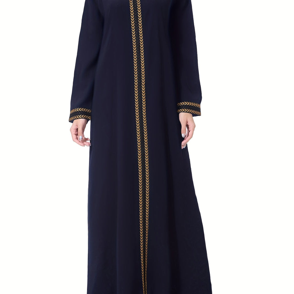 [Navy Blue Kaftan] Navy Blue Muslim Kaftan Dress | Elegant, Golden Embroidery, Sleeve, Loose Fit, Maxi Length, Hijab-Friendly Design, All-Season Wear