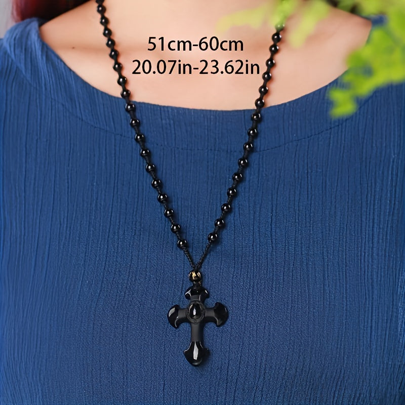 1pc Classic Religious Style Christian Good Luck Amulet Cross Trend Fashion Obsidian Pendant Necklace for Men Women Daily Casual
