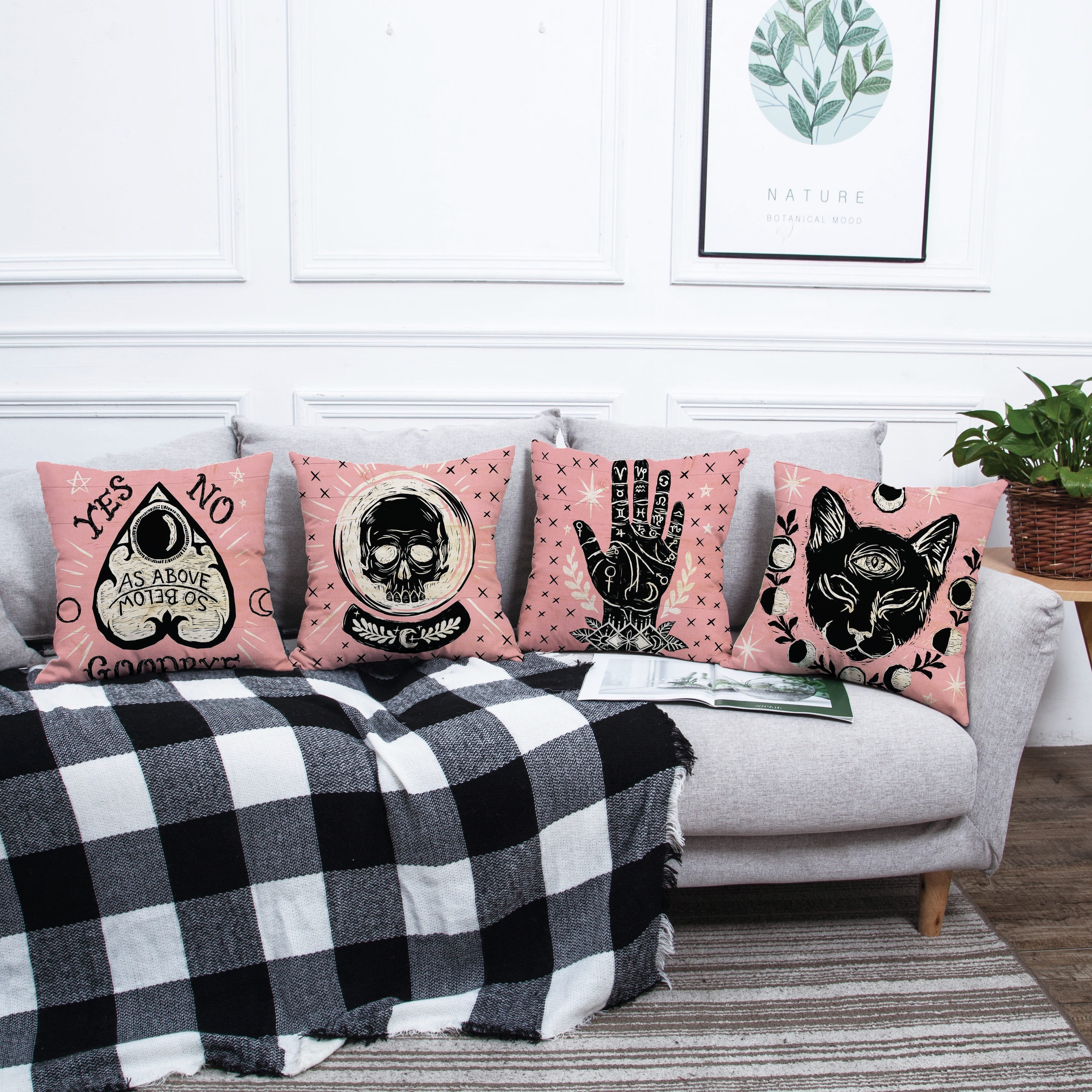Vintage Divination Throw Pillow Covers Set of 4 - Halloween Theme, Machine Washable Linen Blend Zippered Cushion Cases for Sofa, Bed and Living Room Decor, Skull, Cat, Moon, and Occult Designs